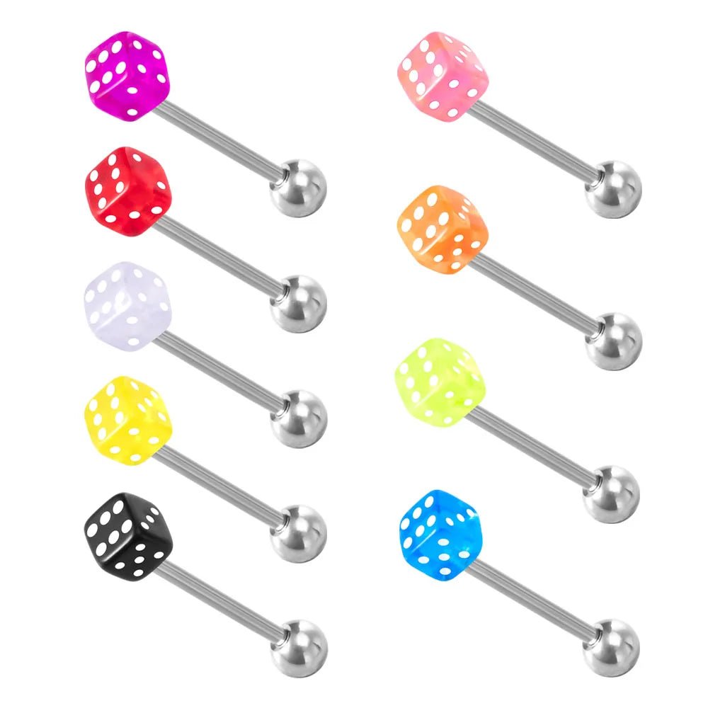 1 Pair Colorful Acrylic Tongue Piercing Jewelry Good Luck Dice Tongue Rings 14G Women Stainless Steel Tongue Ring Bars Barbell - VigDeals