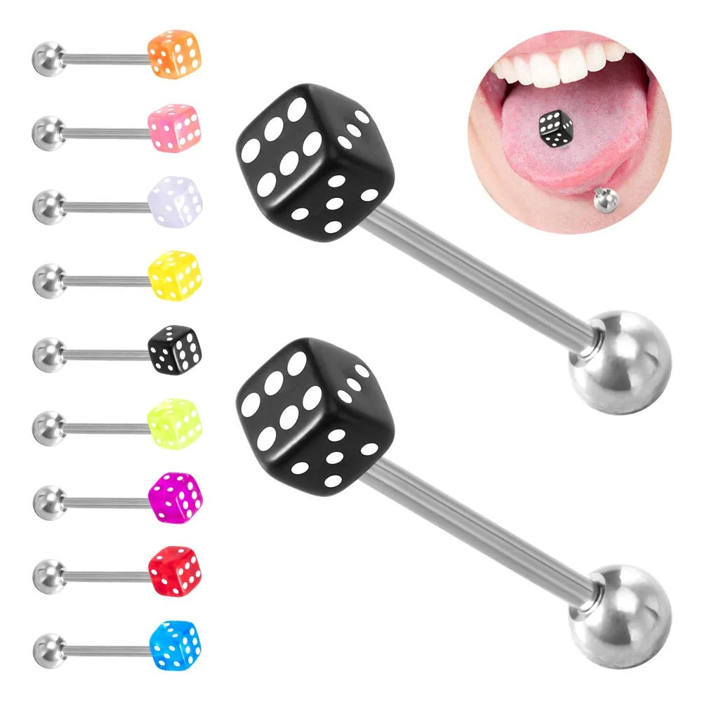 1 Pair Colorful Acrylic Tongue Piercing Jewelry Good Luck Dice Tongue Rings 14G Women Stainless Steel Tongue Ring Bars Barbell - VigDeals