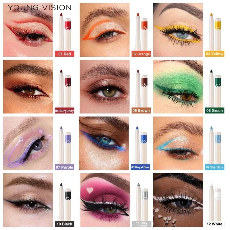 12 Colors Waterproof Colorful Eyeliner Pencil Long Lasting Green Red Eyeliner Pigment No Smudge Eyeiner Pen Eye Makeup Cosmetics